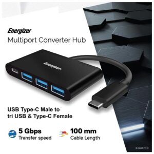 Alternative view of Energizer USB Type-C Male to tri USB & Type-C Female Black Hub
